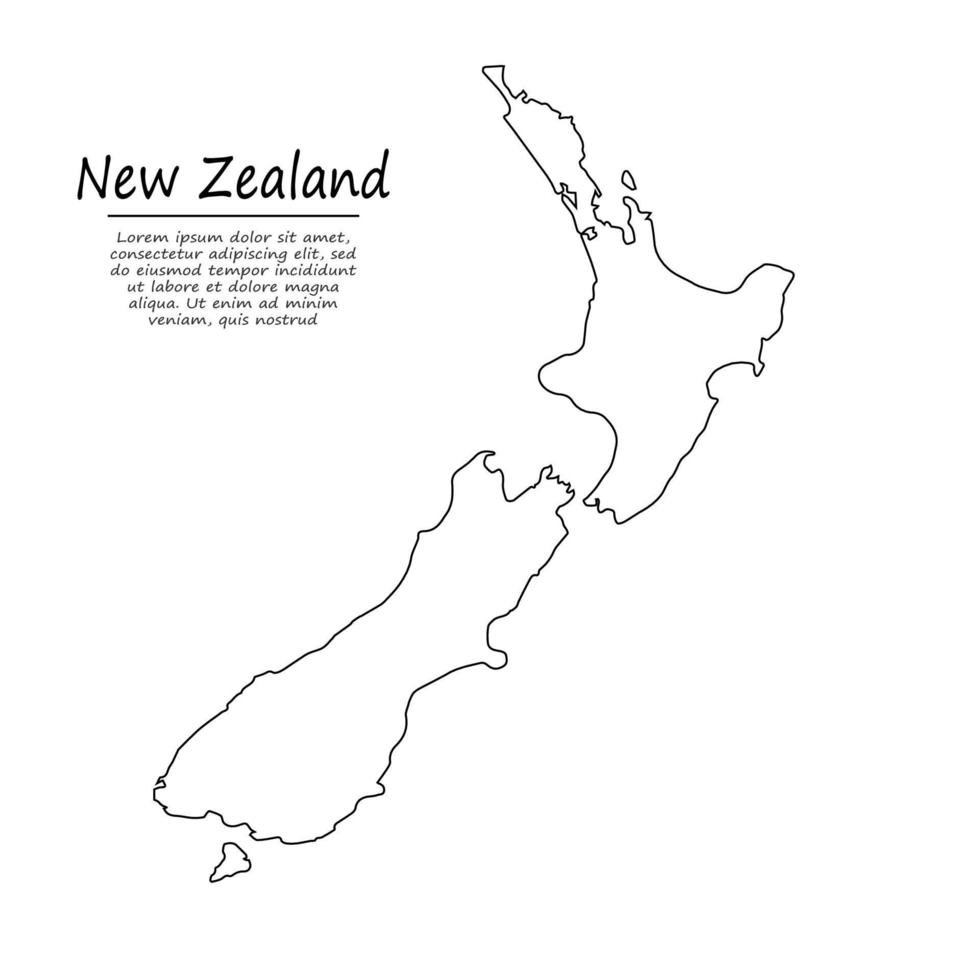 Simple outline map of New Zealand, in sketch line style vector