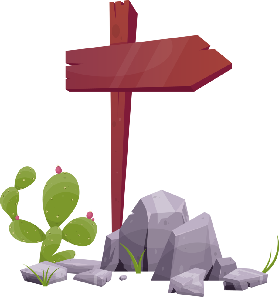 Wooden directional sign boards with desert rocks and plants in cartoon style png