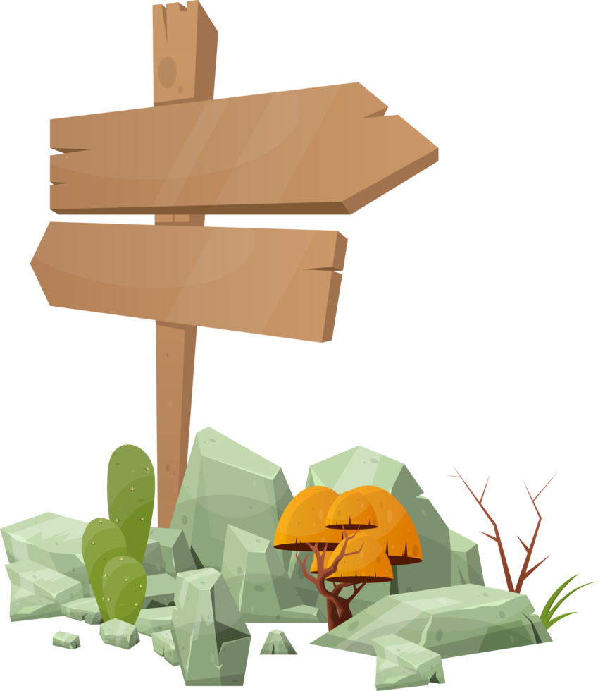 Wooden directional sign boards with desert rocks and plants in cartoon style png