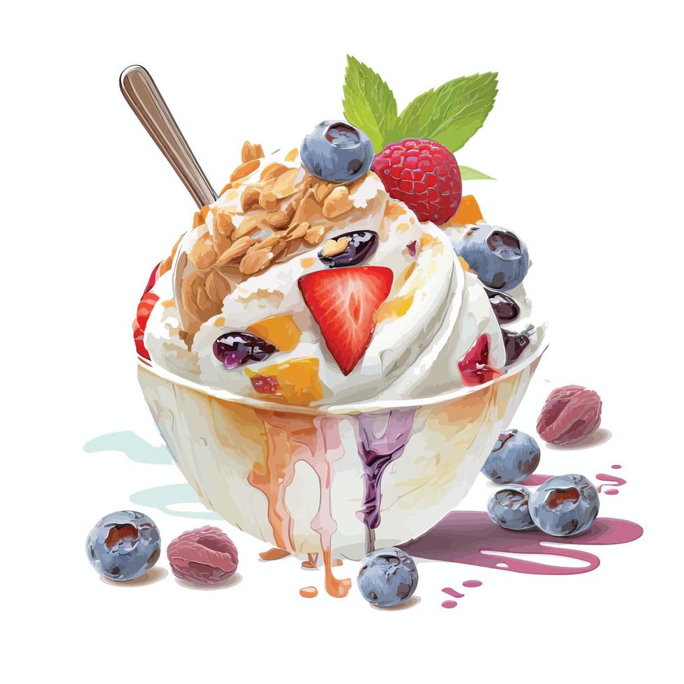 Watercolor frozen yogurt with berries and almond toppings vector