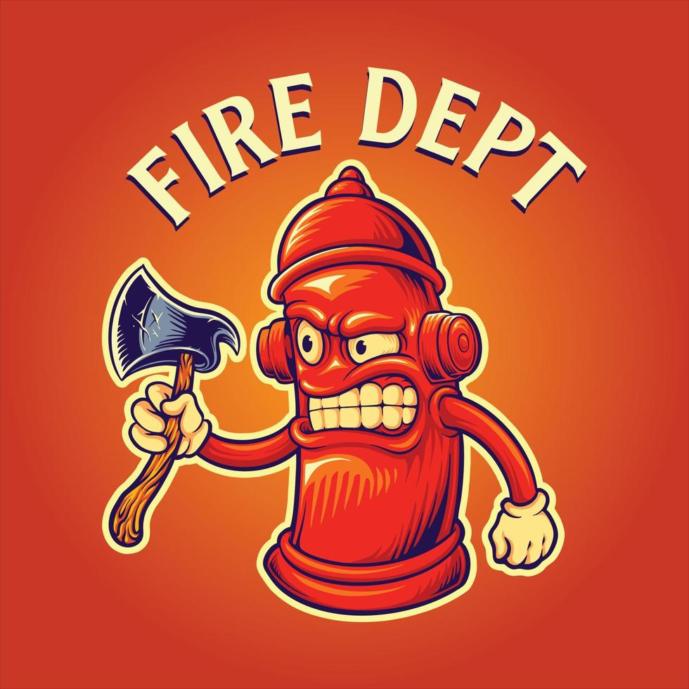 Scary angry hydrant fire dept axe logo cartoon illustrations vector