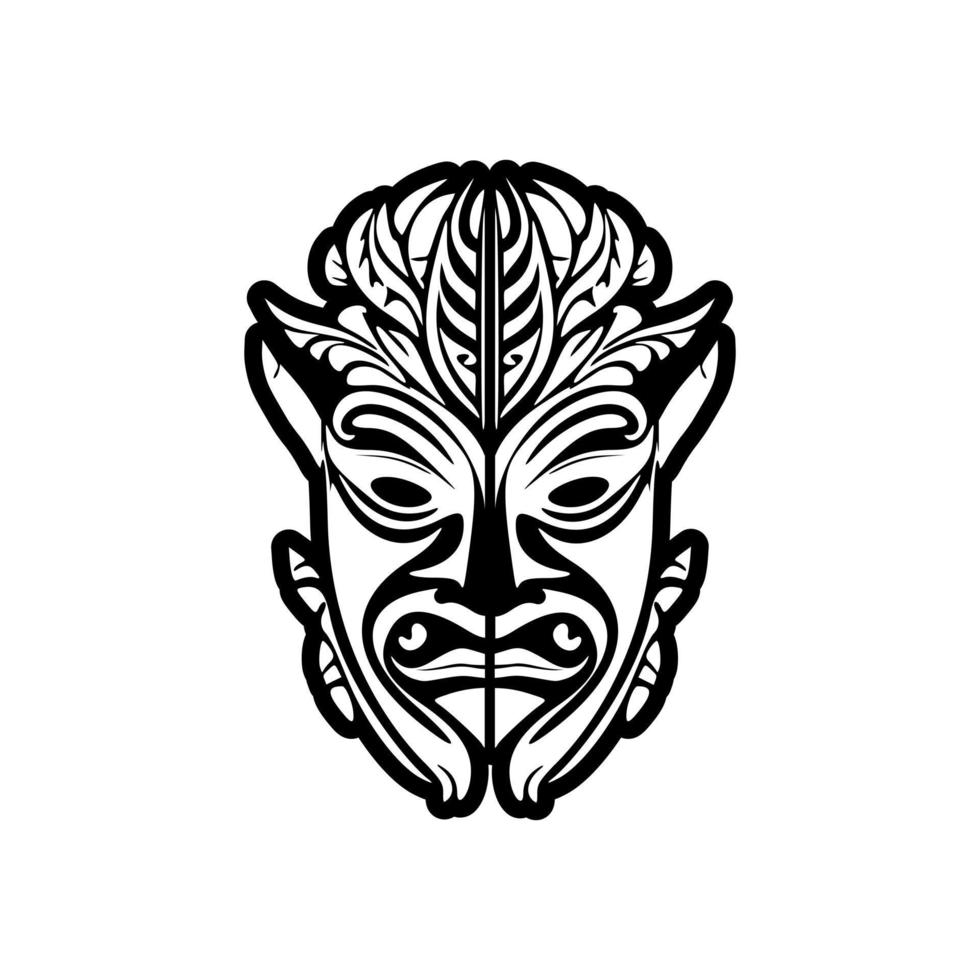 A vector tattoo sketch of a Polynesian god mask, in black and white.