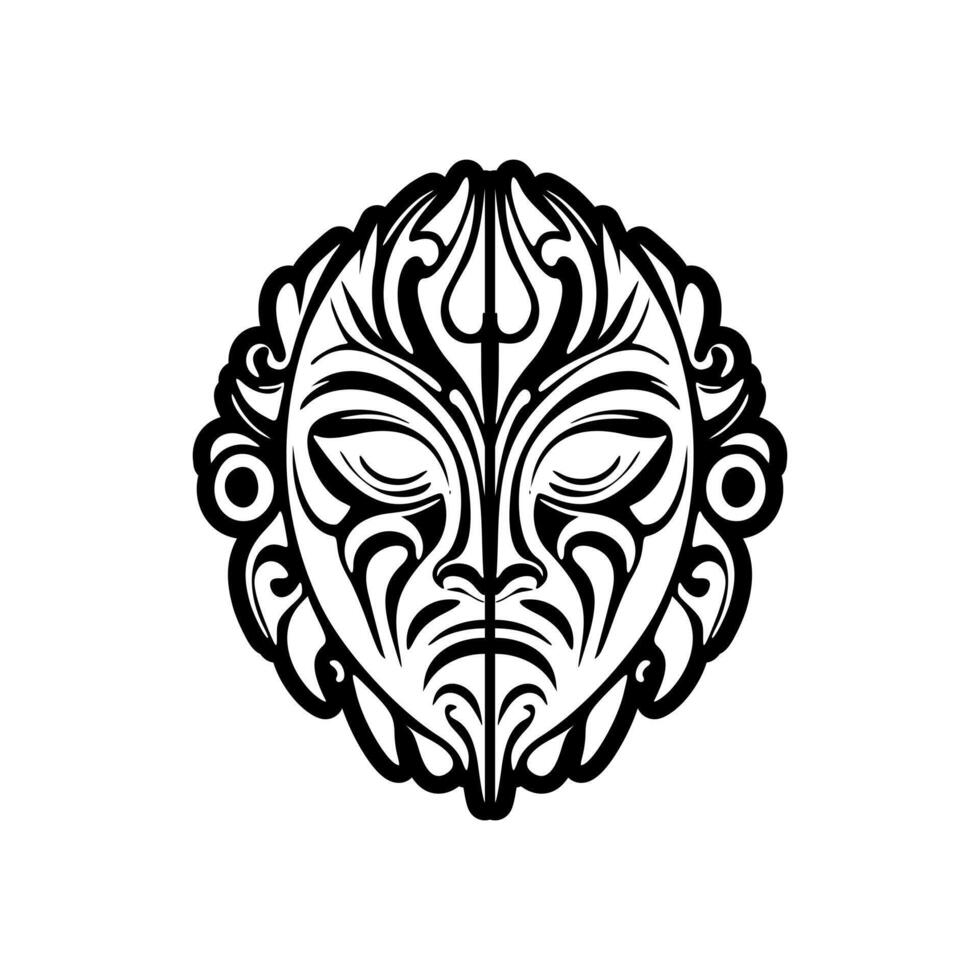 Vector tattoo sketch of a black and white Polynesian god mask.
