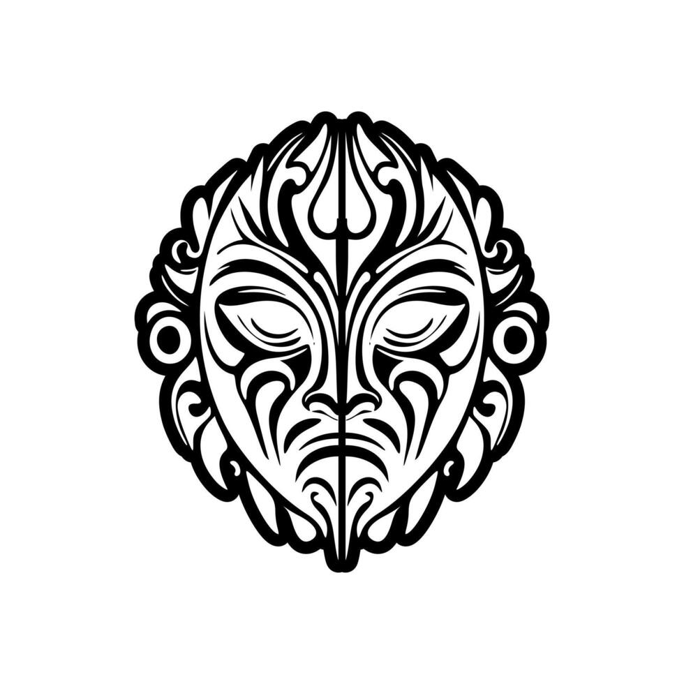 Vector tattoo sketch of a black and white Polynesian god mask.