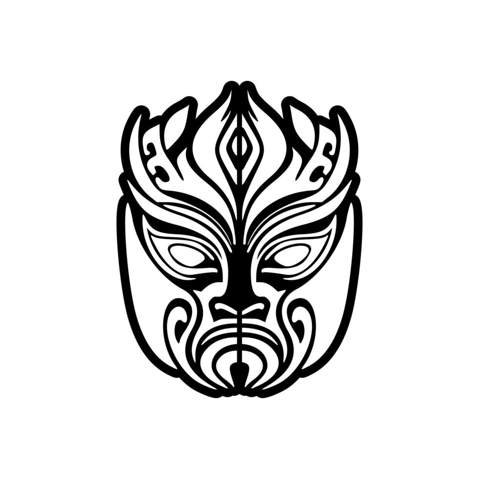 Vector black and white tattoo sketch of a Polynesian god mask.