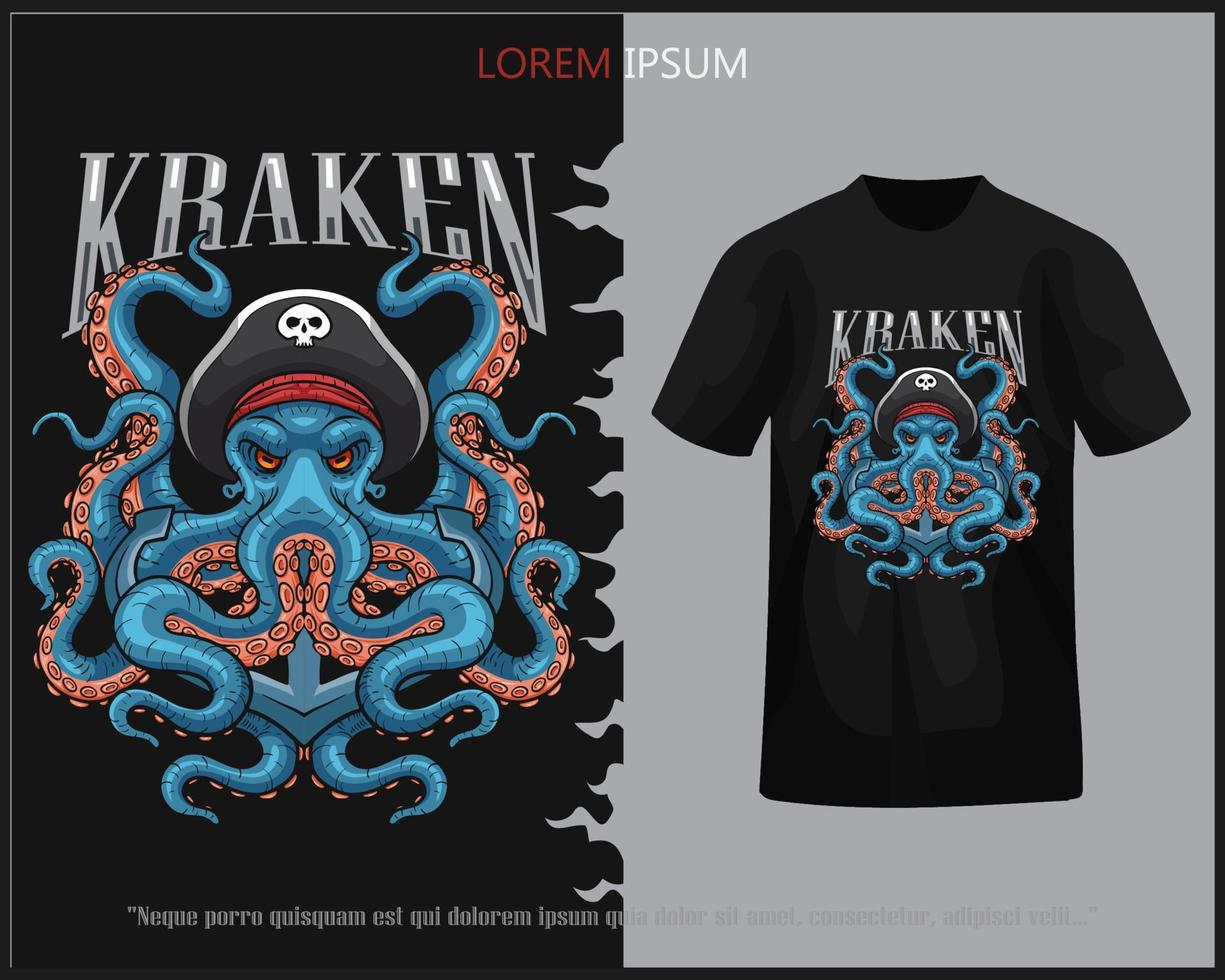 pulpo kraken piratas mascota aislado en negro camiseta vector