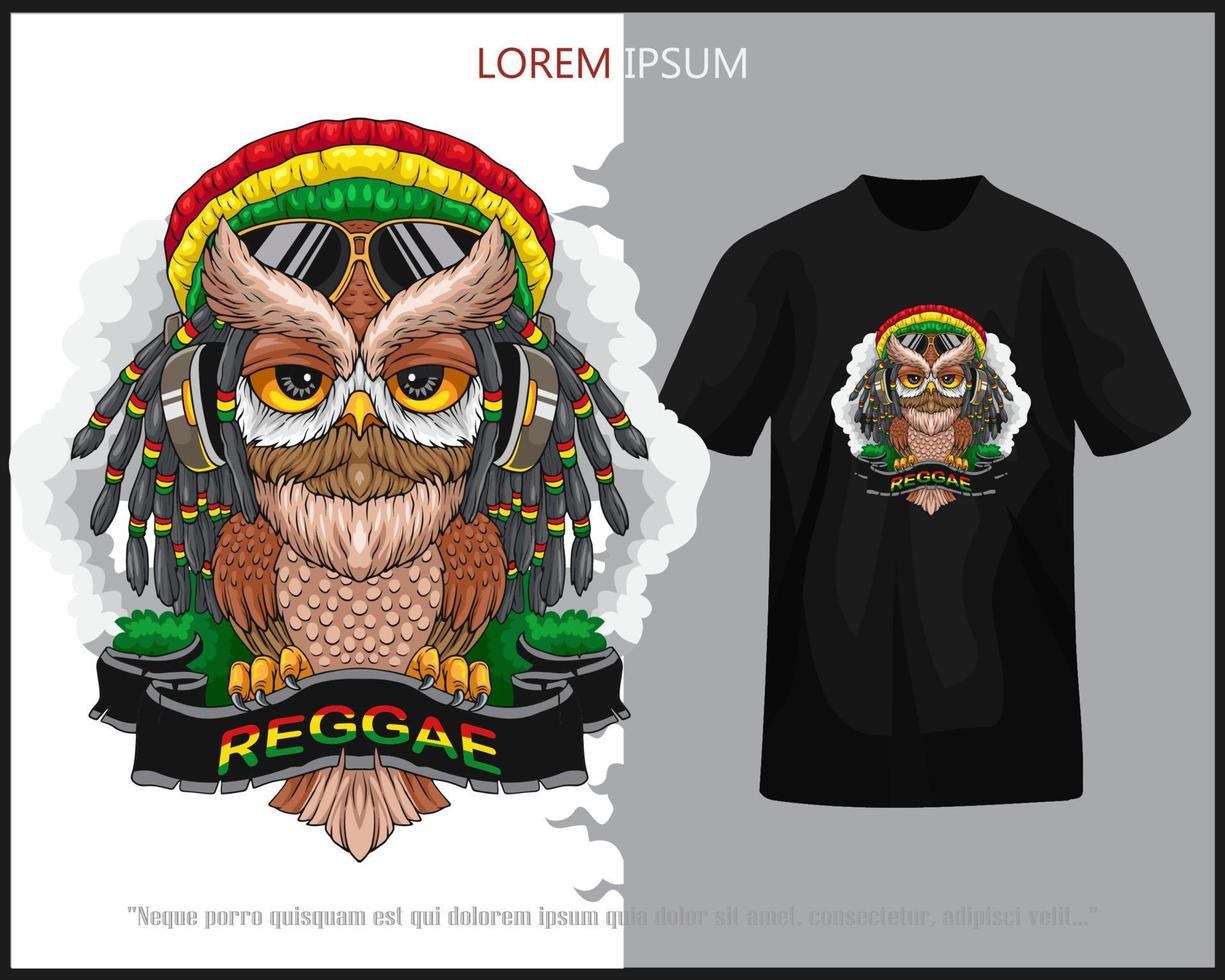 Jamaican owl  bird using earphone isolated on black t-shirt. vector