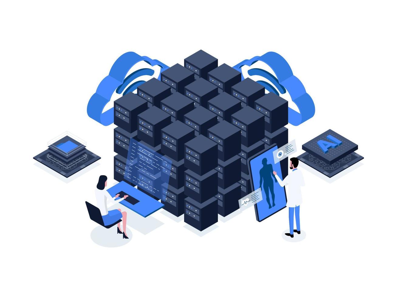 Using artificial intelligence for medical data mining, a powerful tool for analyzing large amounts of data to improve healthcare outcomes. Artificial intelligence in healthcare isometric illustration. vector