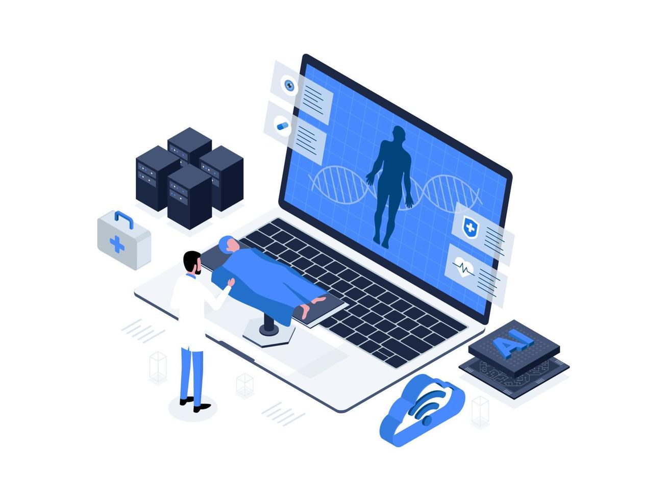 Robots aid doctors in data analysis, improving accuracy and efficiency in healthcare. patient in a hospital. artificial intelligence in healthcare isometric illustration vector