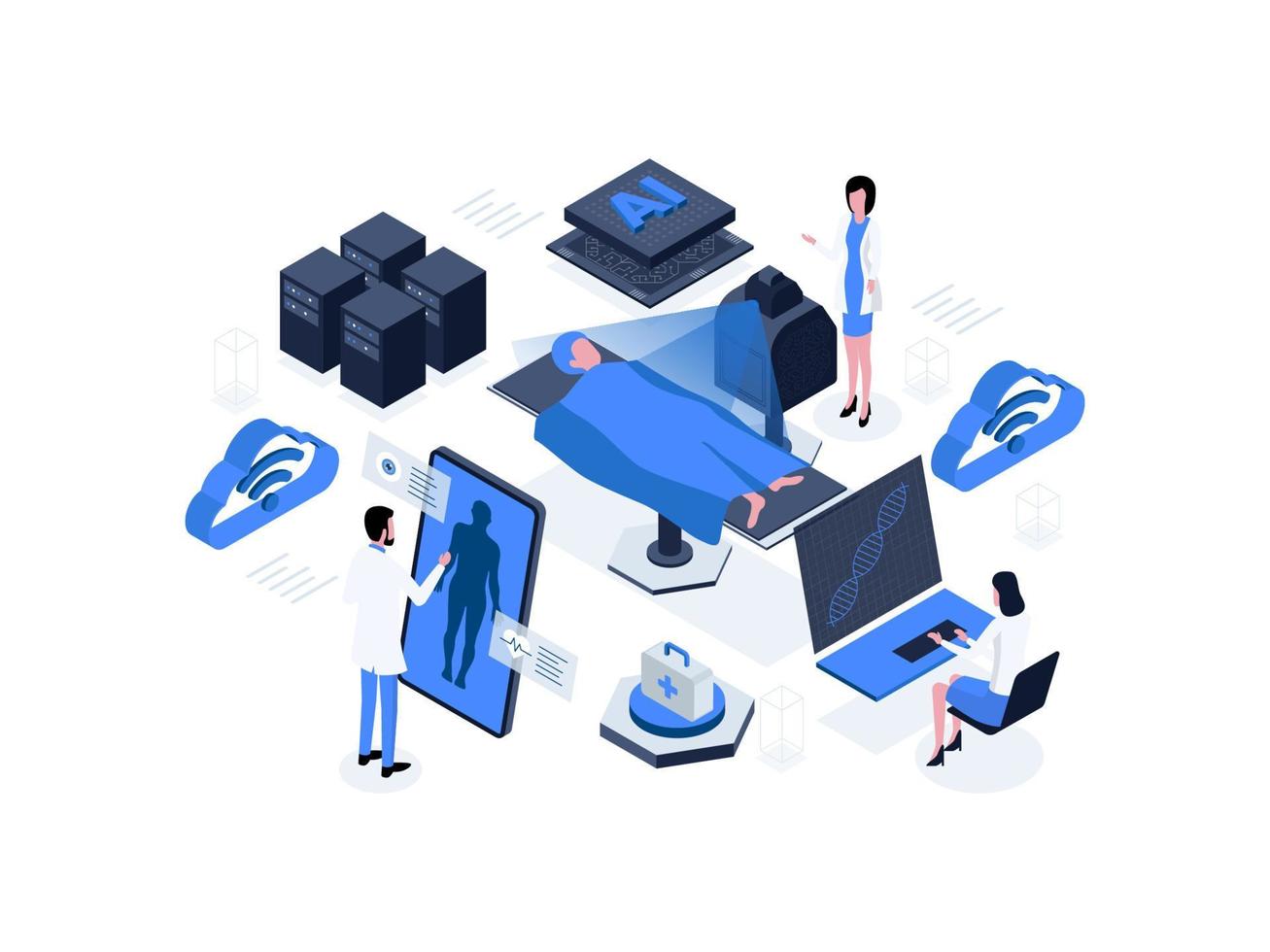 The innovative concept of healthcare involves an AI robot utilizing medical applications to examine a patient in a hospital. artificial intelligence in healthcare isometric illustration vector