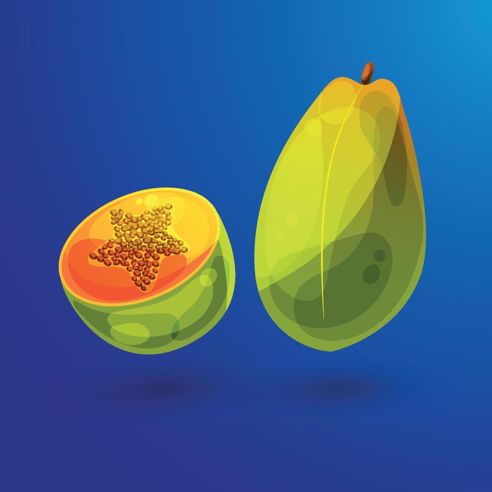 Summer exotic fruit in cartoon style. UX UI. Papaya, whole fruit and half. vector