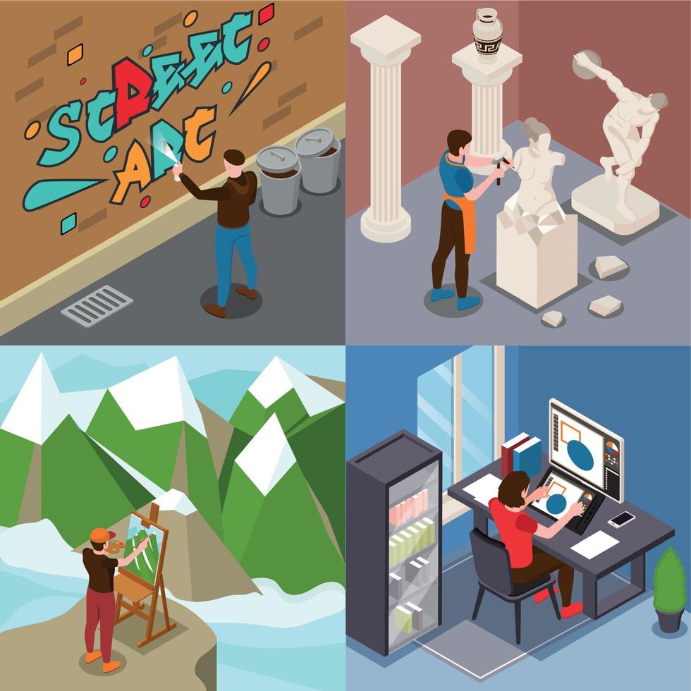 Artists Isometric Concept Icons Set vector