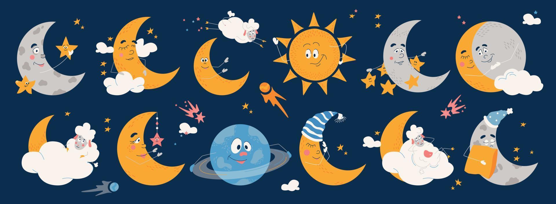 Cartoon Moon Flat Icons vector