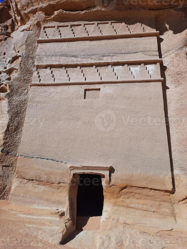 Beautiful daytime view of Al Hegra, Madain Saleh archaeological site in Al Ula, Saudi Arabia. photo