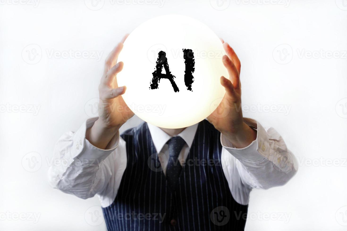 Businessman with a big shiny lamp instead of a head, with the word AI written on it photo