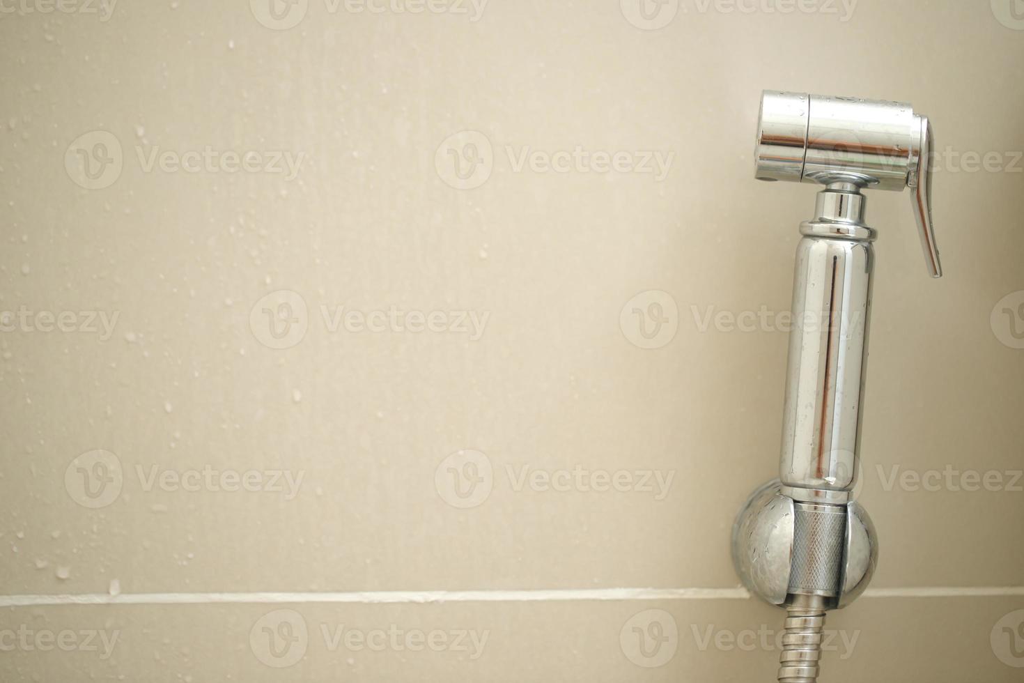 Cleaning staff examining the toilet sprayer. photo