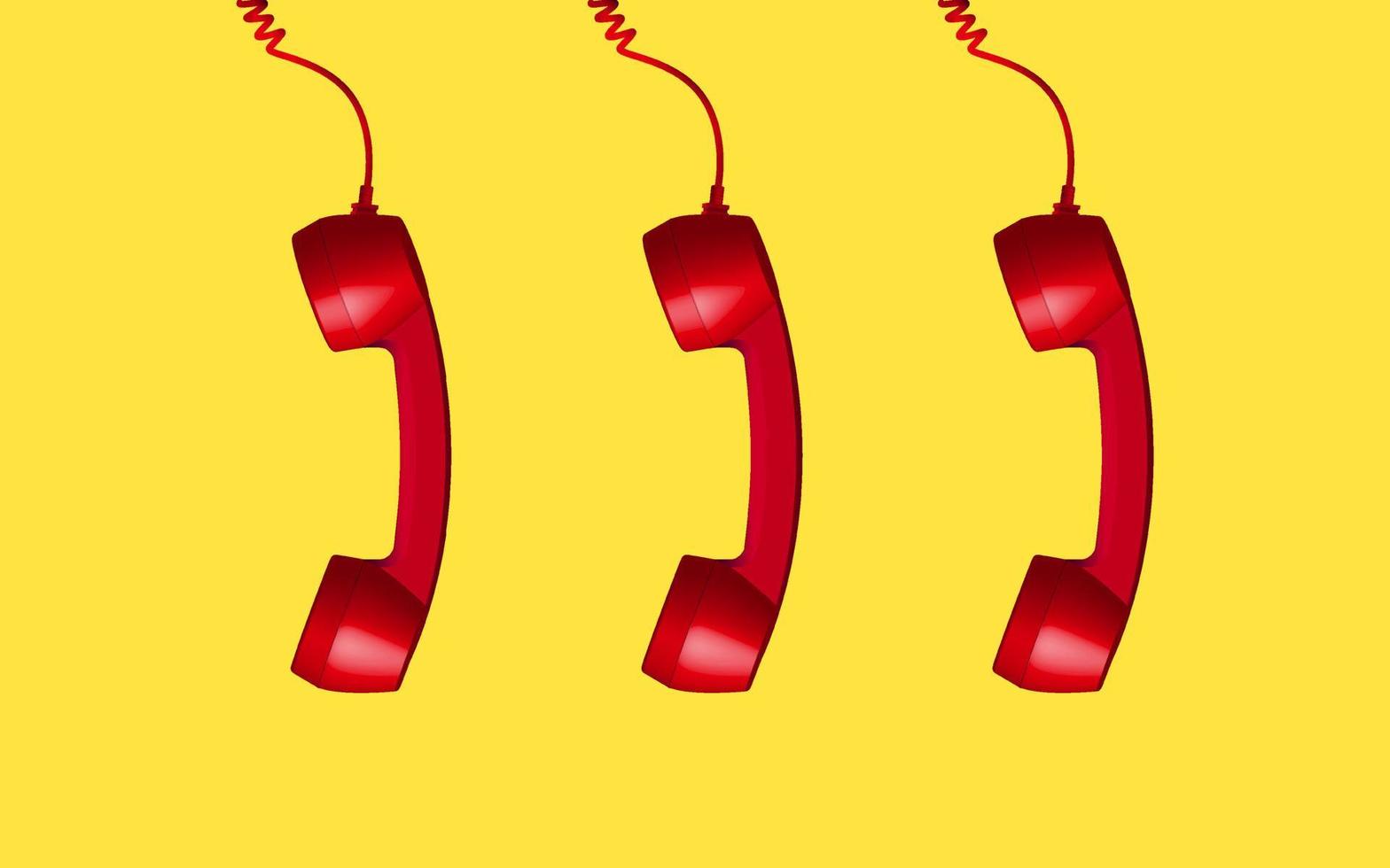 3d rojo Clásico teléfono receptor aislado en amarillo antecedentes. Tres retro término análogo teléfono auricular. antiguo comunicar tecnología. objeto composición Derecha antecedentes vector ilustración