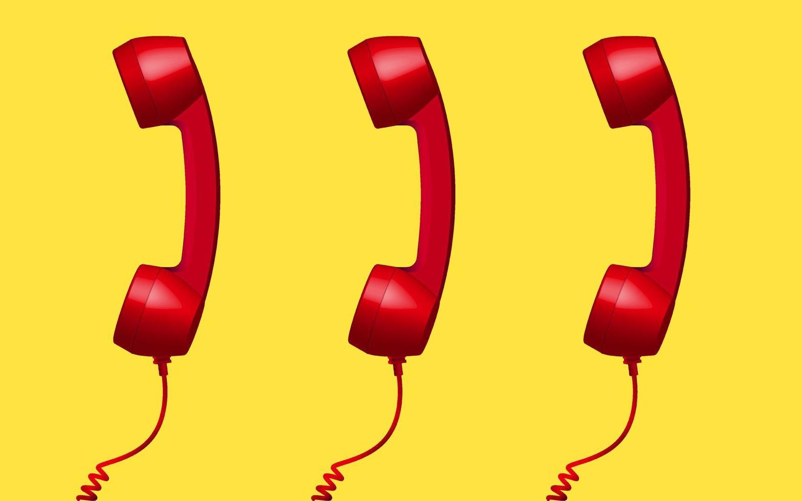 3d red vintage phone receiver isolated on yellow background. Three retro analog telephone handset. Old communicate technology. object composition middle background vector illustration