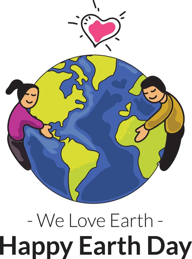 Happy earth day. couple hugging earth with smile face vector illustration.