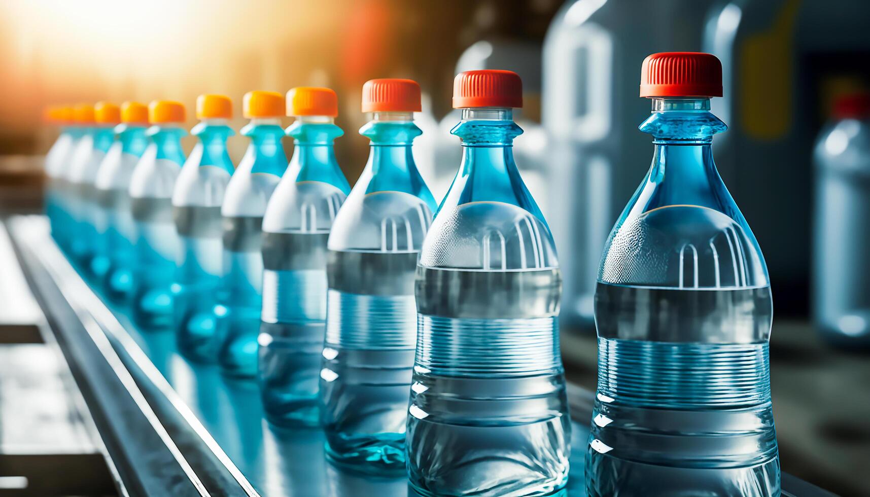 Line of bottling beverages in plastic bottles on clean light factory