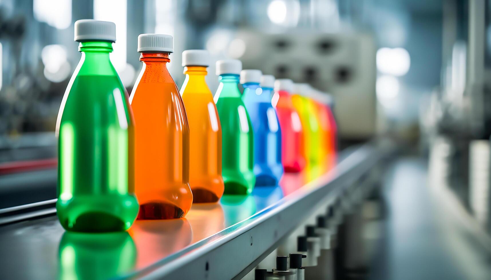 Line of bottling beverages in plastic bottles on clean light factory