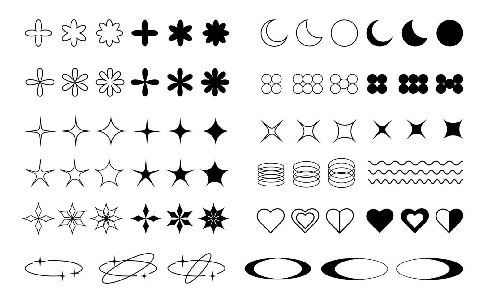 Set of black Y2K graphic symbols, icons, geometric forms, vector abstract signs and symbols.