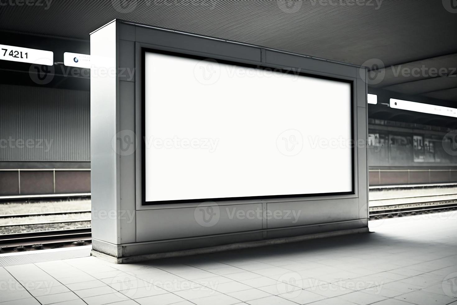 Horizontal white billboard mockup. Poster on street next to underground photo