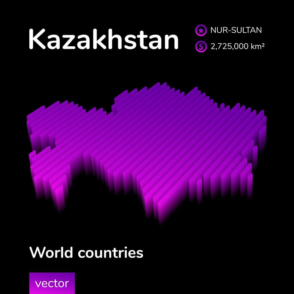 Kazakhstan 3D map. Stylized neon digital isometric striped vector Map in violet and pink colors on the black background.