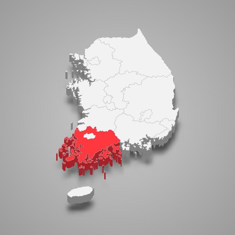 South Jeolla region location within South Korea 3d isometric map vector