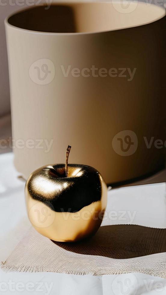 A Golden Apple Lies On The Table In Front Of A Beige Pot photo