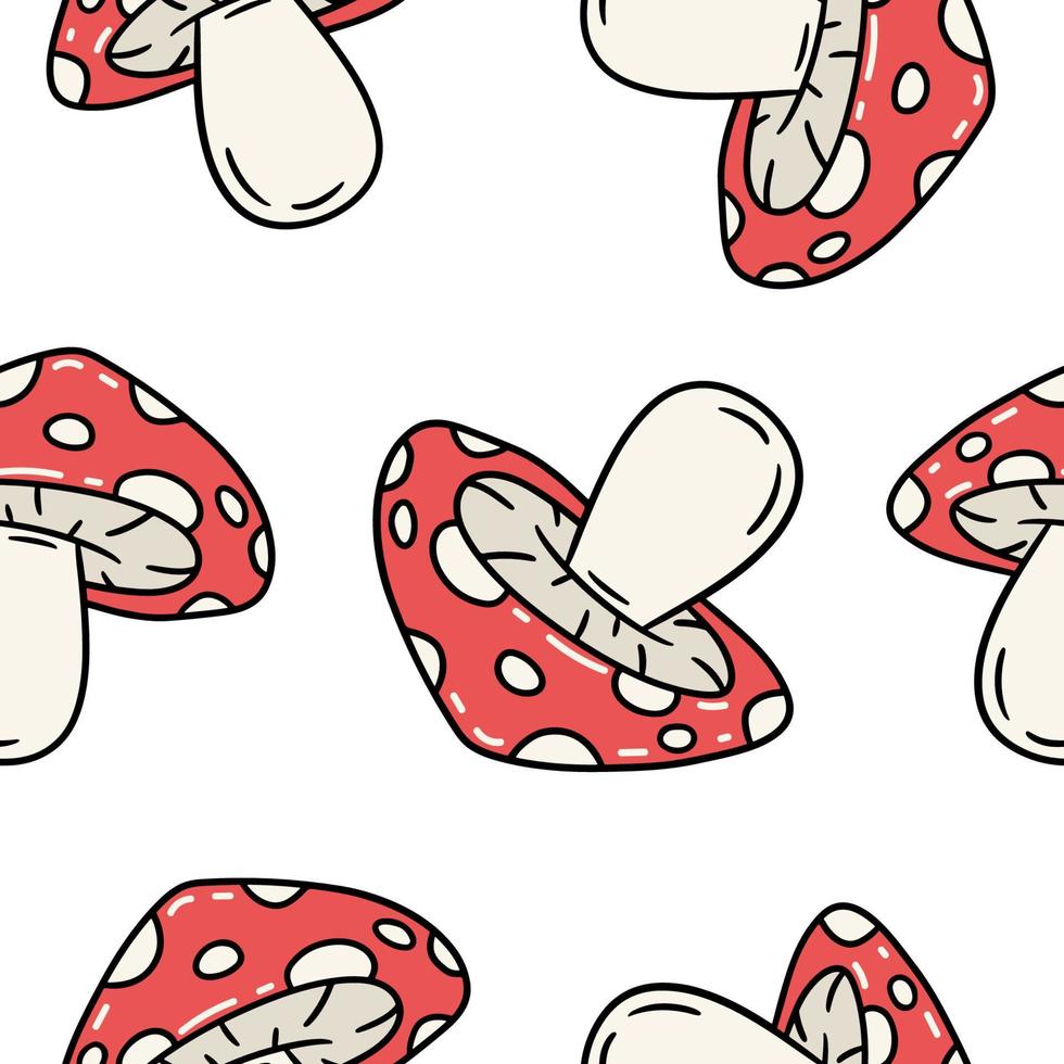 Seamless pattern with amanita mushrooms. Cartoon style. Stock vector illustration.