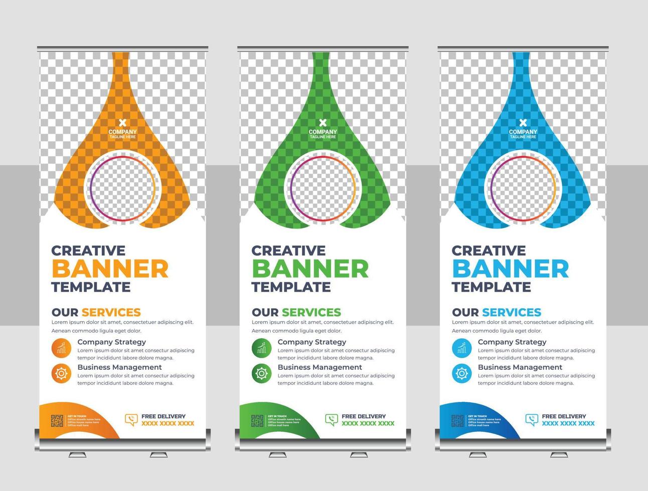 Creative business agency stands roll up banner design template layout for exhibition with Three colors, editable roll-up banner vector template