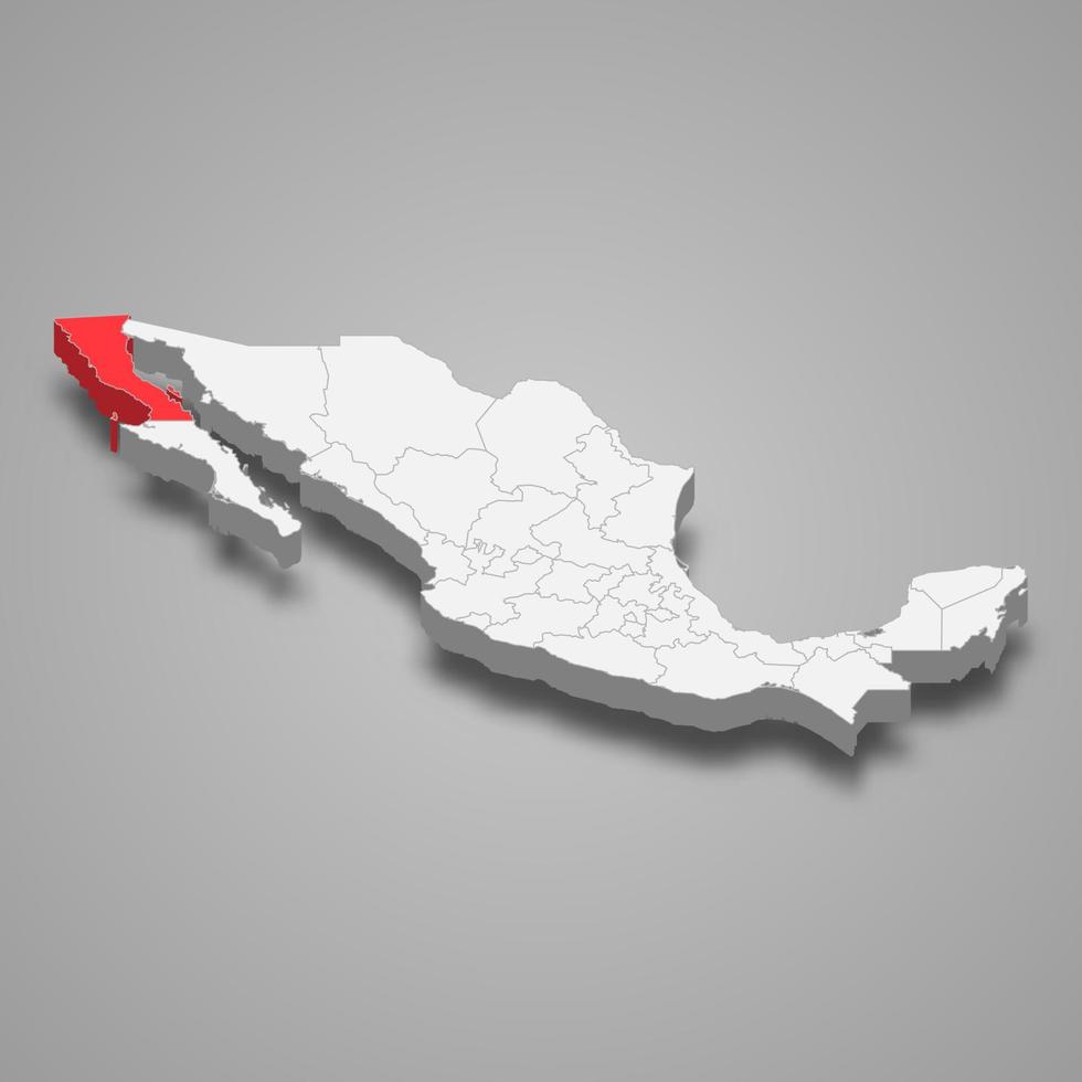 Baja California region location within Mexico 3d map vector