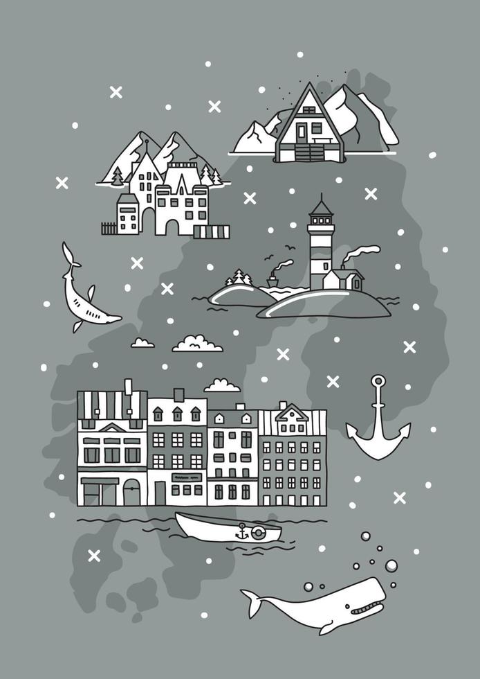 Scandinavia doodle set with symbols, flag and map. vector