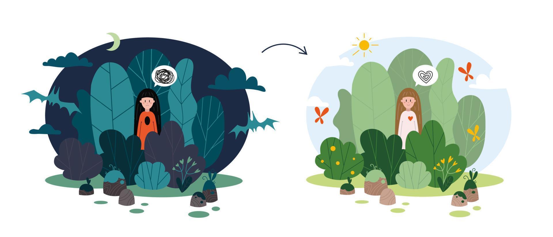 mental salud recuperación, psicología concepto. autorrehabilitación proceso. liberando desde psicológico problemas. naturaleza escena bosque vector