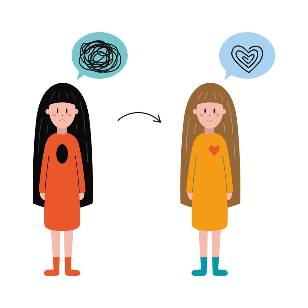 Mental health recovery, psychology concept. Girl releasing from psychological problems, cartoon style. vector