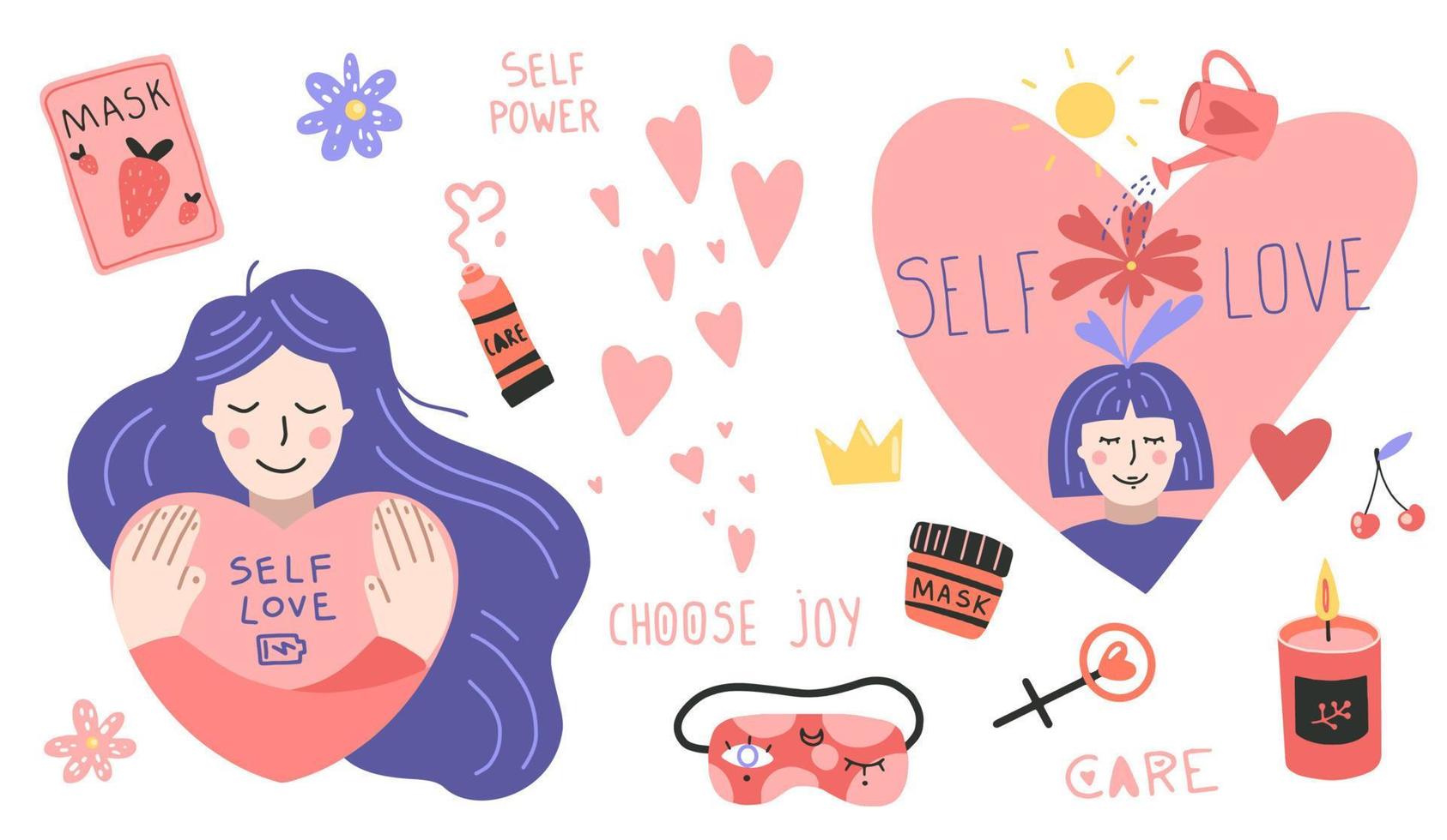 Set of design elements on self-care theme like girls, heart, mask, candle, flower. Flat cartoon vector illustration