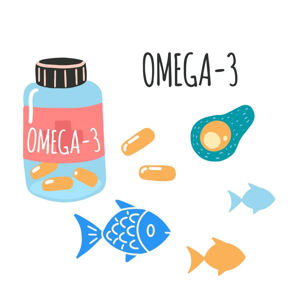 Omega 3. tarro con pastillas, pez, aguacate. plano dibujos animados vector ilustración