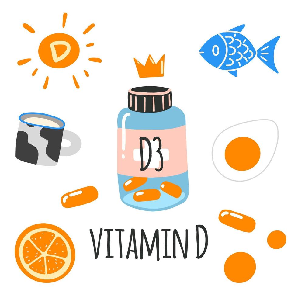 Vitamin D. Jar with pills, sun, fish, milk, orange, egg. Flat cartoon vector illustration