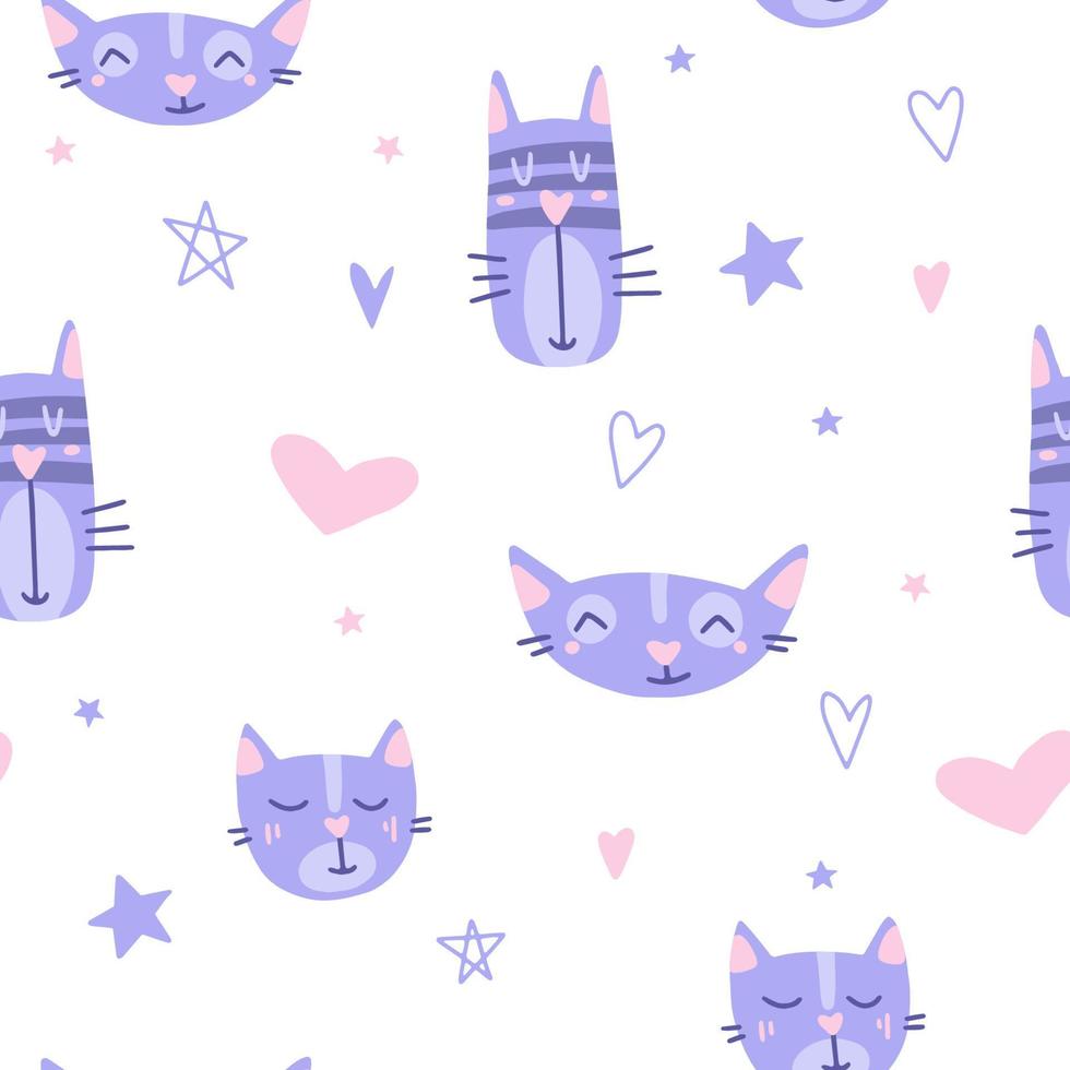 Seamless pattern with muzzles of cats and heart. Flat cartoon vector illustration