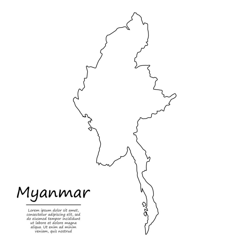 Simple outline map of Myanmar, in sketch line style vector