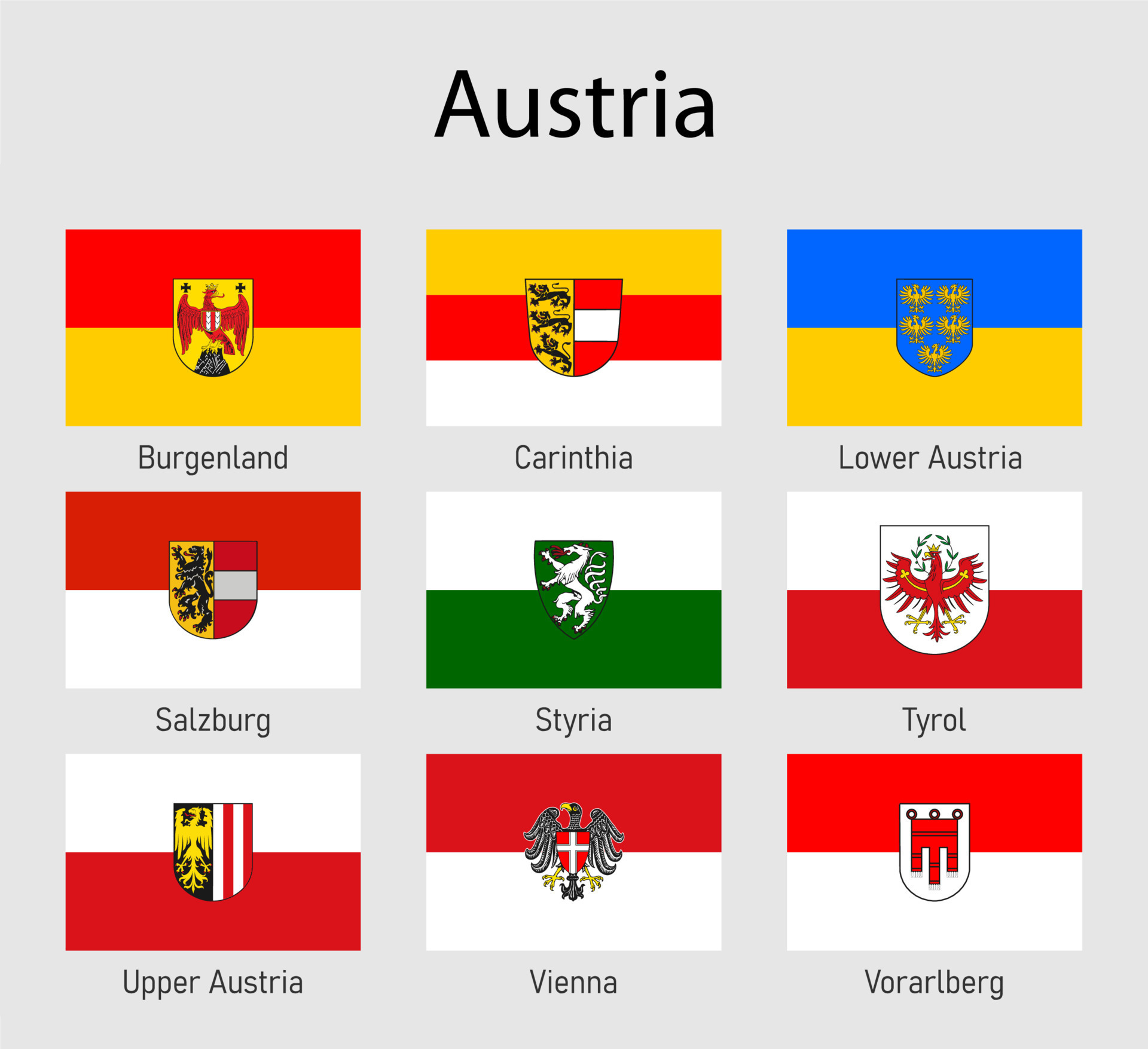 Set Flags of the states of Austria, All Austrian regions flag 21853164 Vector Art at Vecteezy