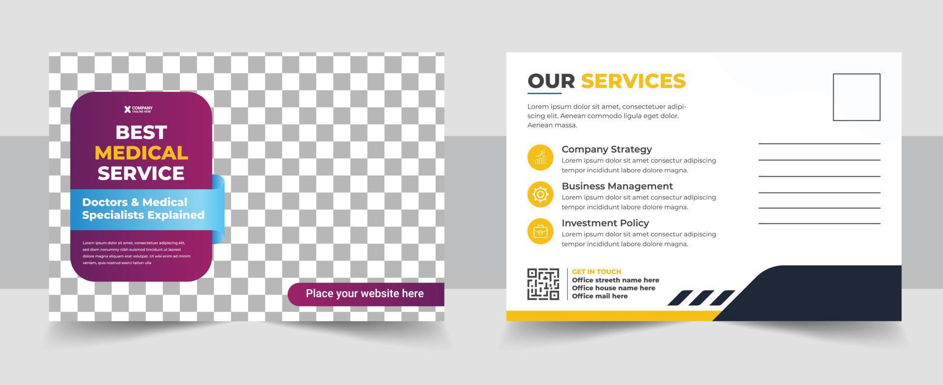 Medical health best postcard design.orporate postcard template design vector
