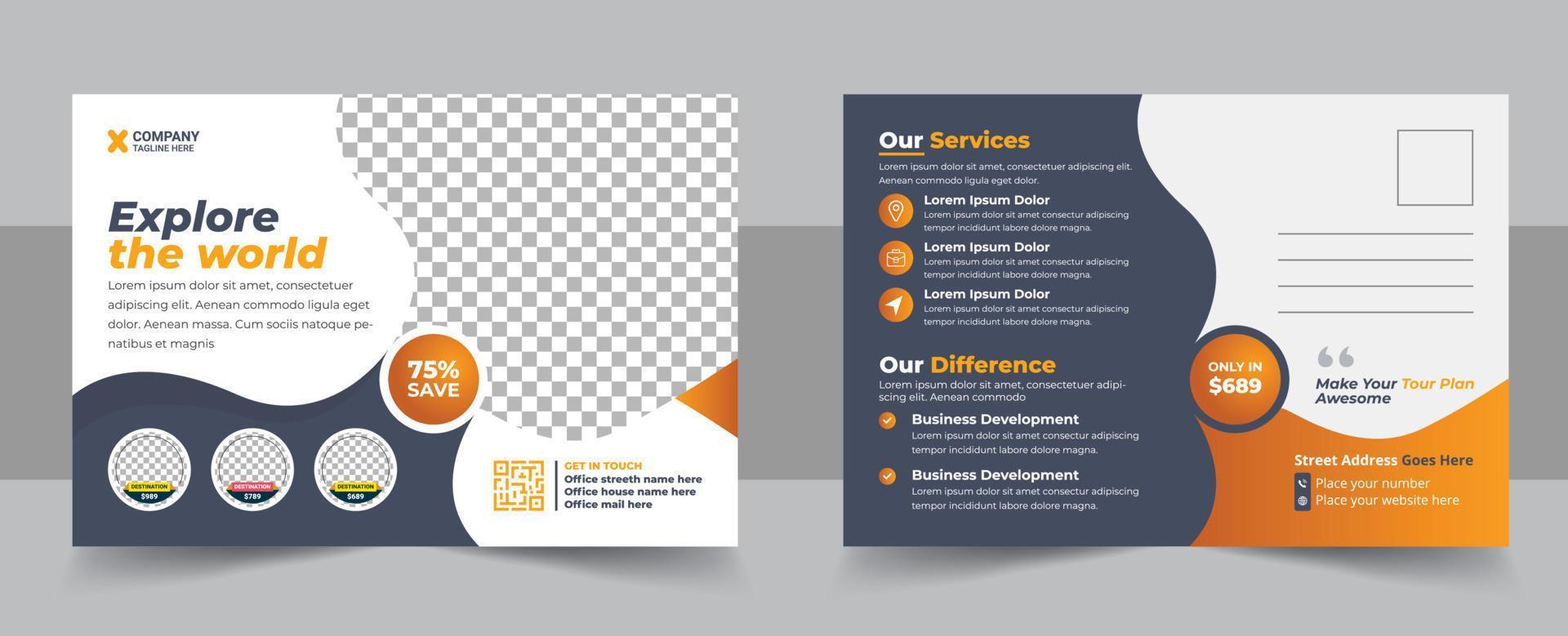 Corporate creative modern travel postcard template design, Travel Postcard Design Template, Travel Company eddm Postcard vector
