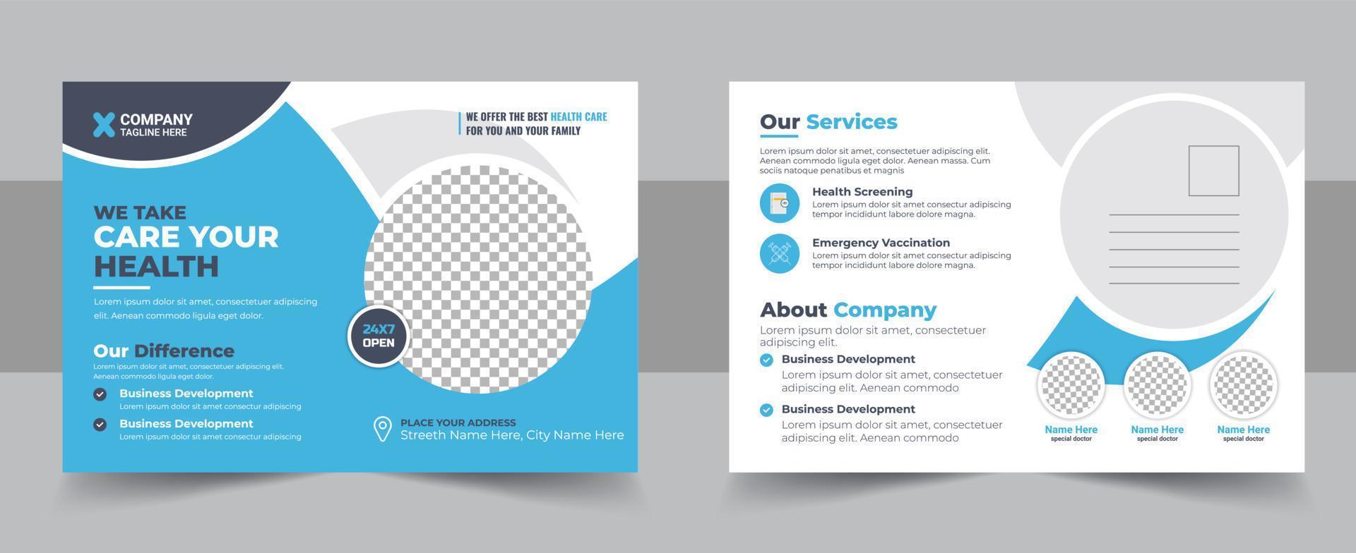 Health care, dental care medical postcard template, Medical and healthcare postcard flyer template vector