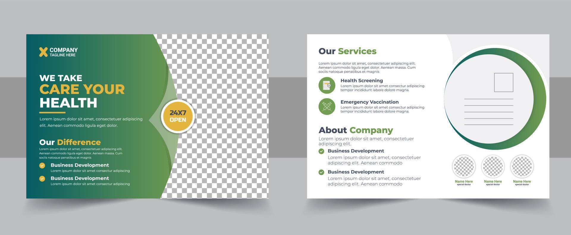 Health care, dental care medical postcard template, Medical and healthcare postcard flyer template vector