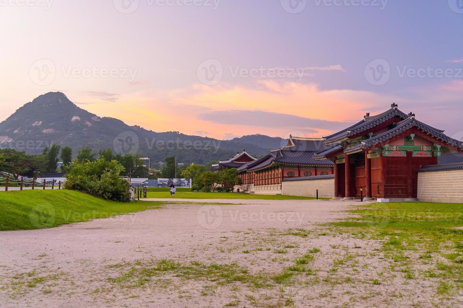 Gyeongbokgung Palace in downtown Seoul at sunset photo