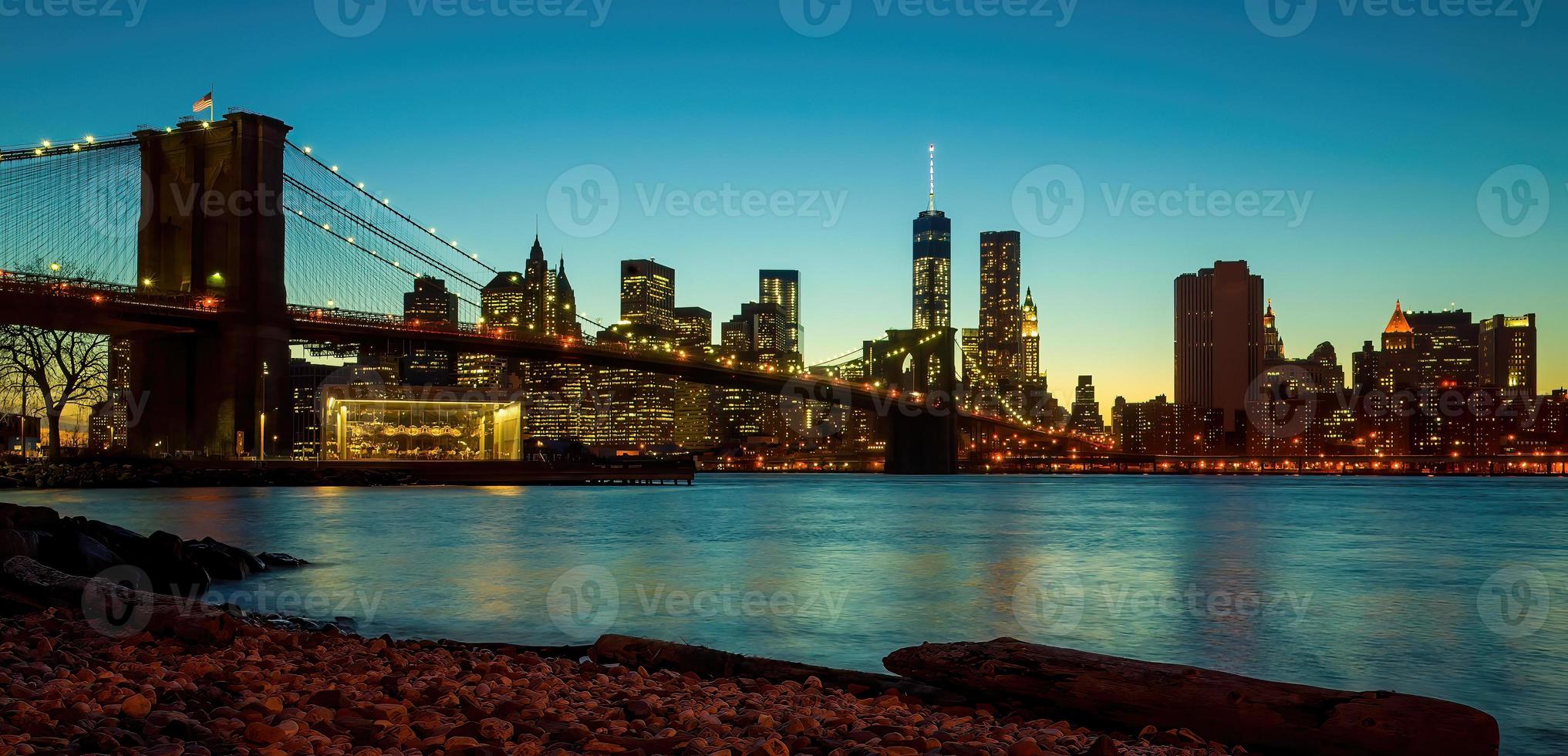 Manhattan city skyline cityscape of New York with Brooklyn Bridge photo