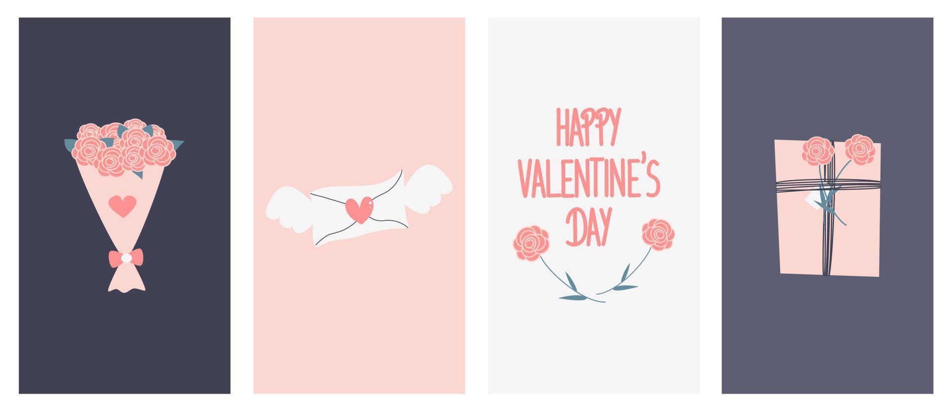 Vector set of abstract lovely logo design templates with flowers bouquet, love letter, happy valentines day text and gift box symbols for social media stories highlights and posts