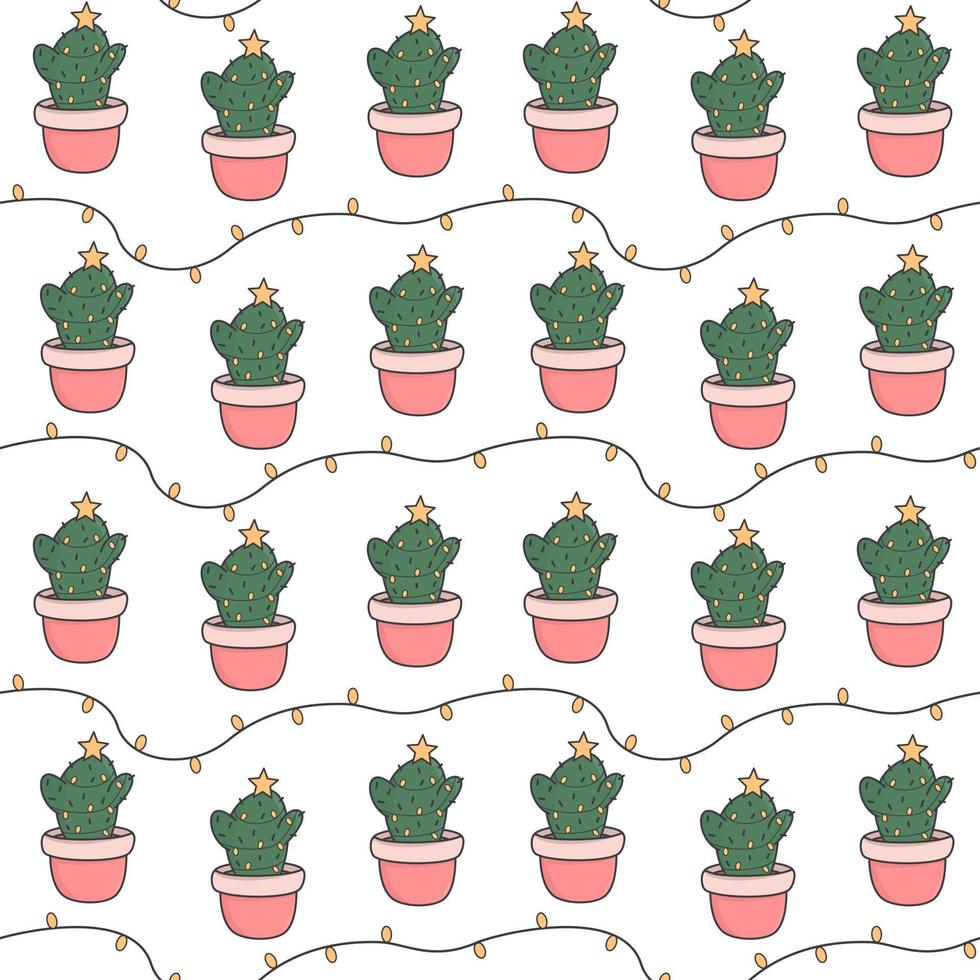 cute cartoon holidays seamless vector pattern background illustration with christmas tree cactus and christmas lights